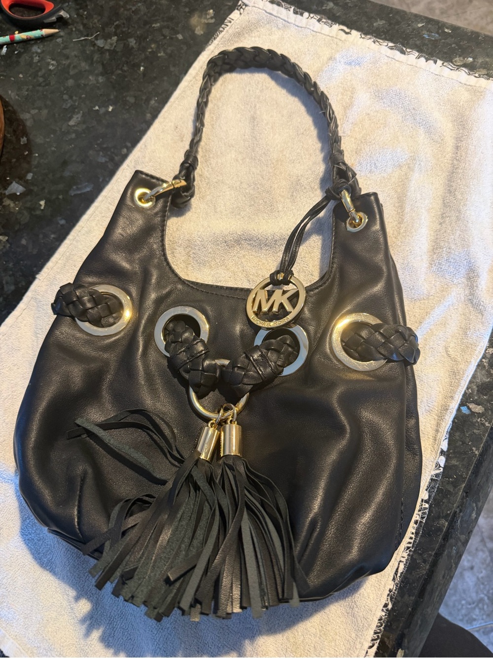 Michael Kors Black Leather Braided Hobo with Tassel and Gold MK Charm